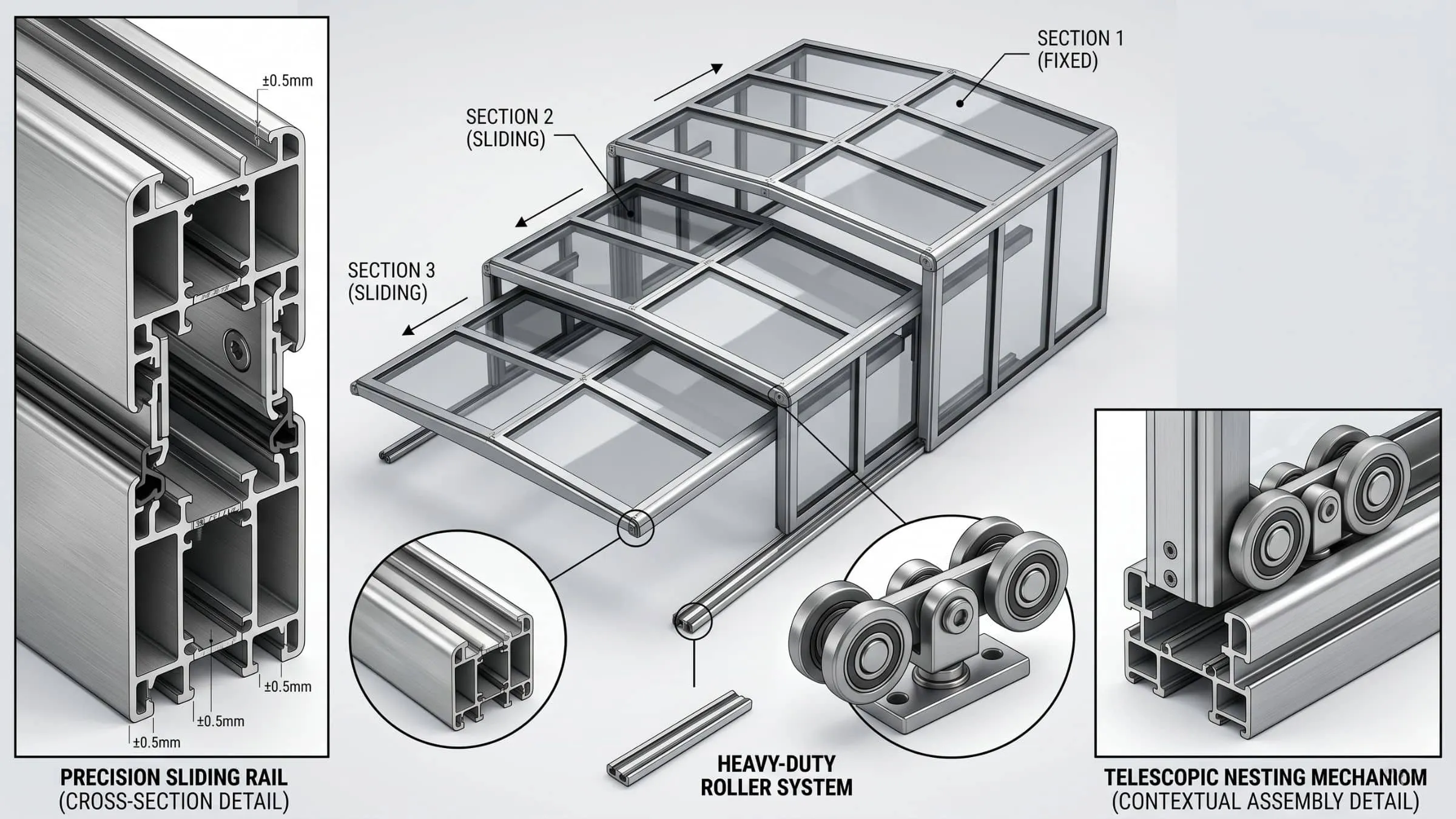 Wasleen Foldable Garage engineering specification drawing showing dimensions and retraction mechanism
