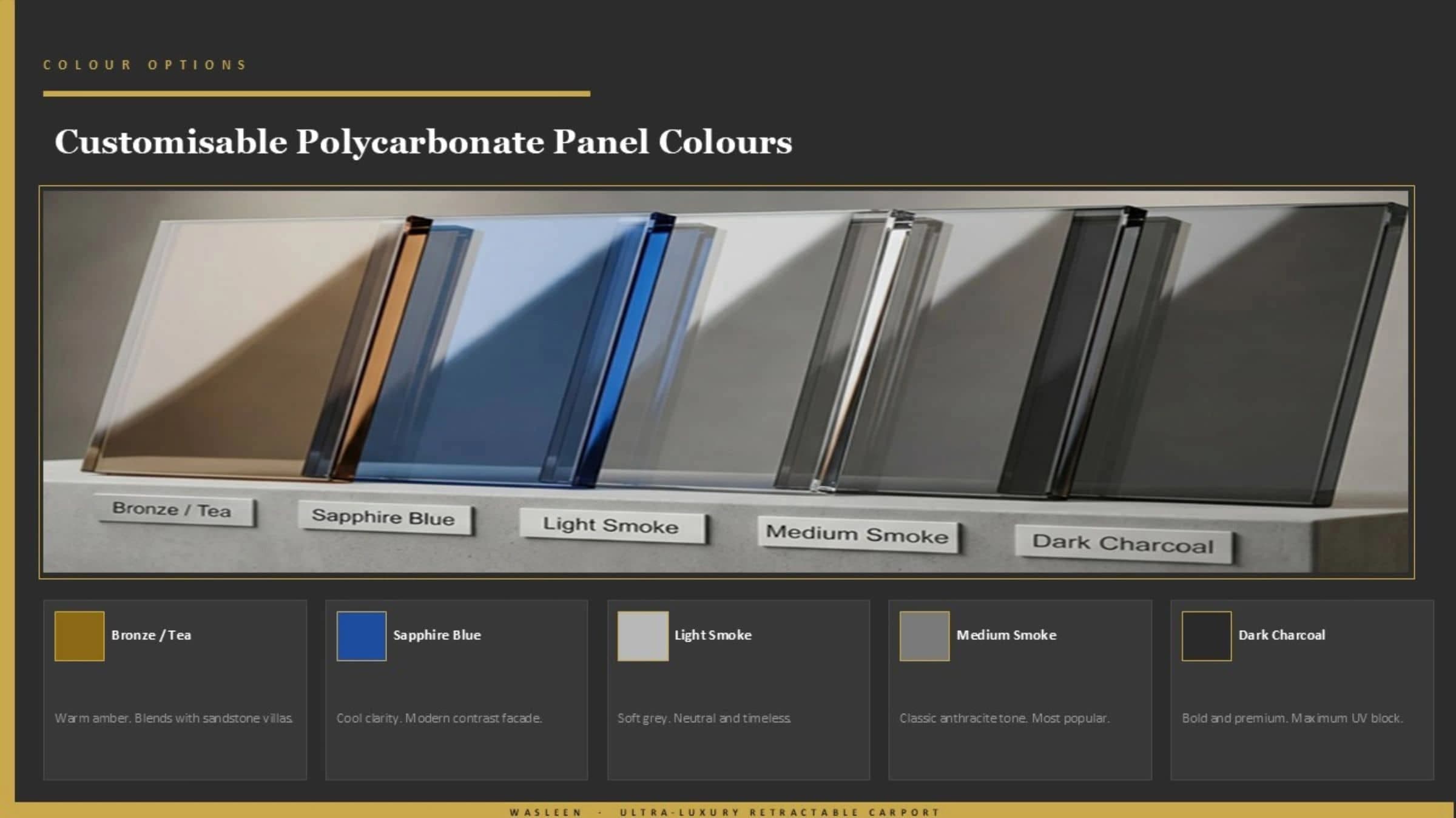 Wasleen carport colour selection guide with five colour options for UAE villas