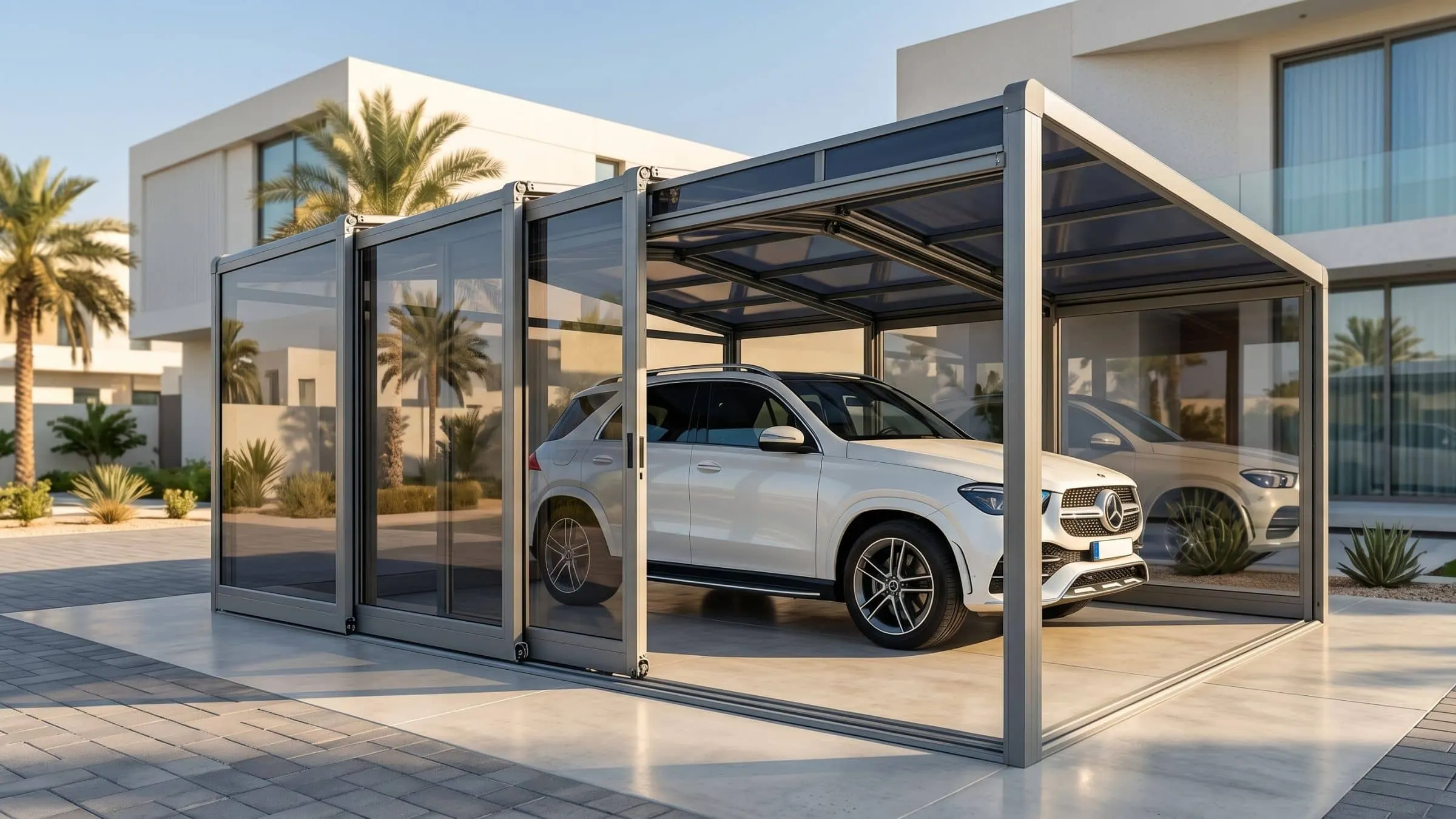 Wasleen retractable carport aluminium alloy frame installed on a UAE villa parking area