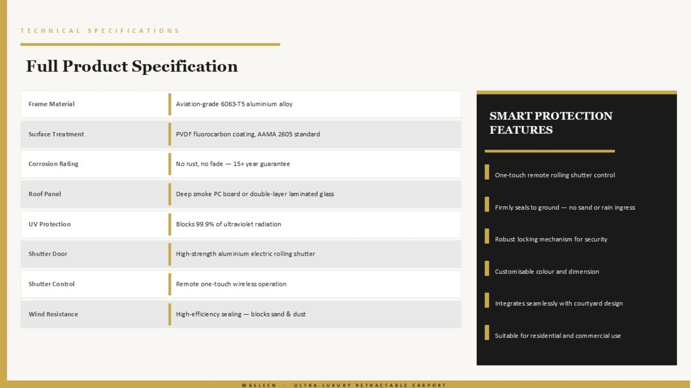 Wasleen foldable and retractable garage technical specification sheet with dimensions
